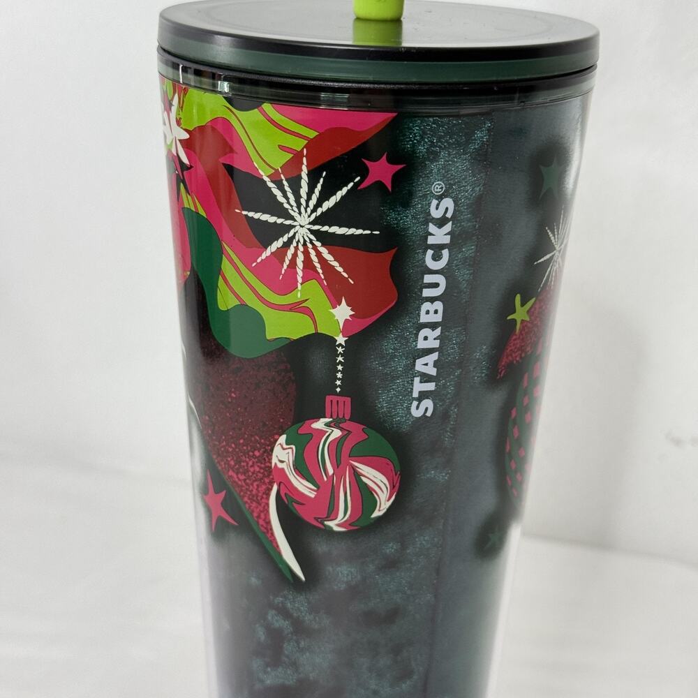 Starbucks 24 Oz Christmas Holiday Cold Cup Tumbler Ornaments Bow Straw NEW